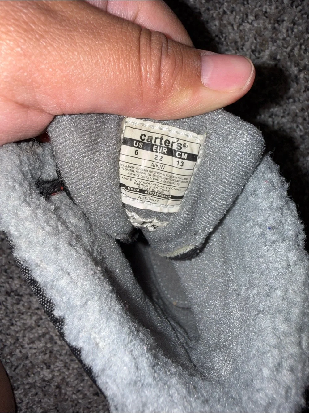 Carter's Quilted Gray & Black Kids Snow Boots with Red Accent